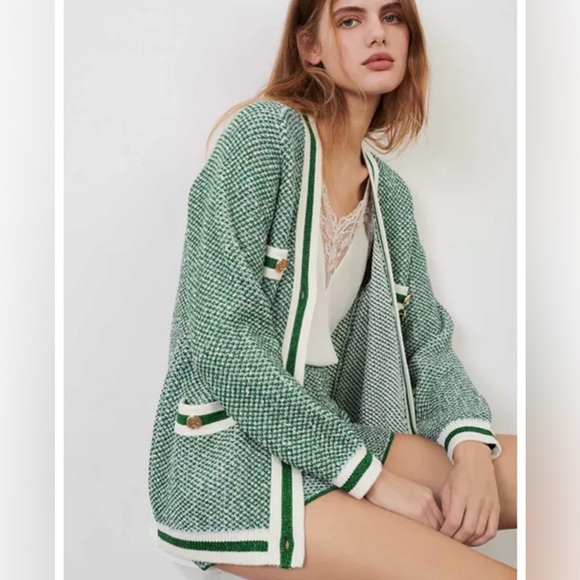 Maje Maitresse Metallic Green Threaded Cardigan with Gold Accents - Picture 2 of 10